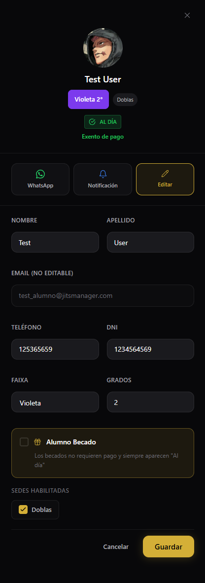 Vista de gestión de alumno en Jits Manager
